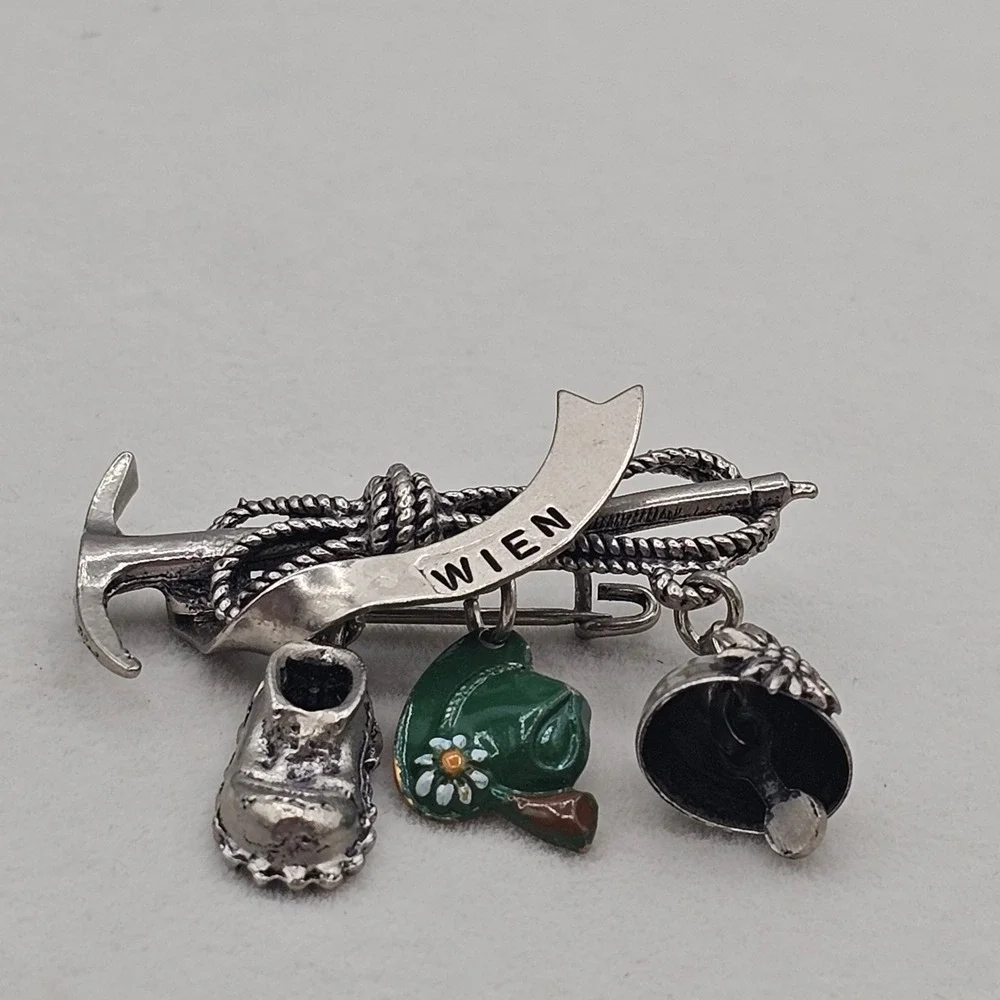 Wien Souvenir Brooch Silver Tone Alpine Hiking Charms Vienna Austria Vintage
